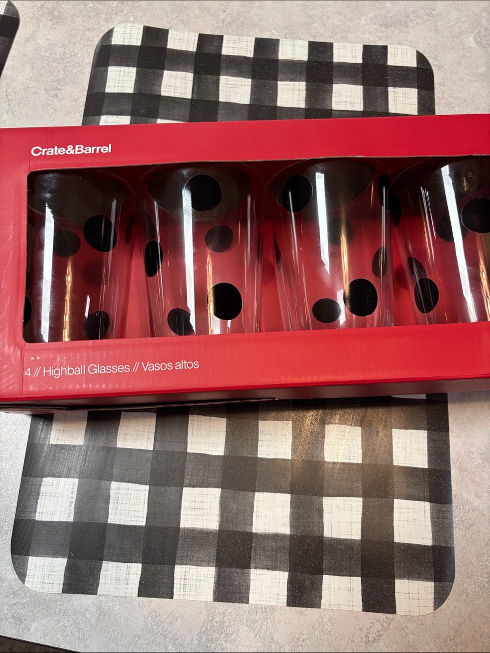 Crate&Barrel Red Box with Black Polka Dot Highball Glasses